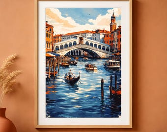 Venice Rialto Bridge Art | Printable Wall Art | Italian Travel Poster | Watercolor Cityscape | Mediterranean Decor