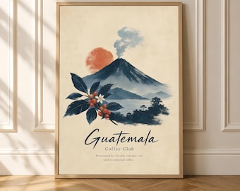 Guatemala Coffee Poster, Vintage Volcano Wall Art, Coffee Bar Decor