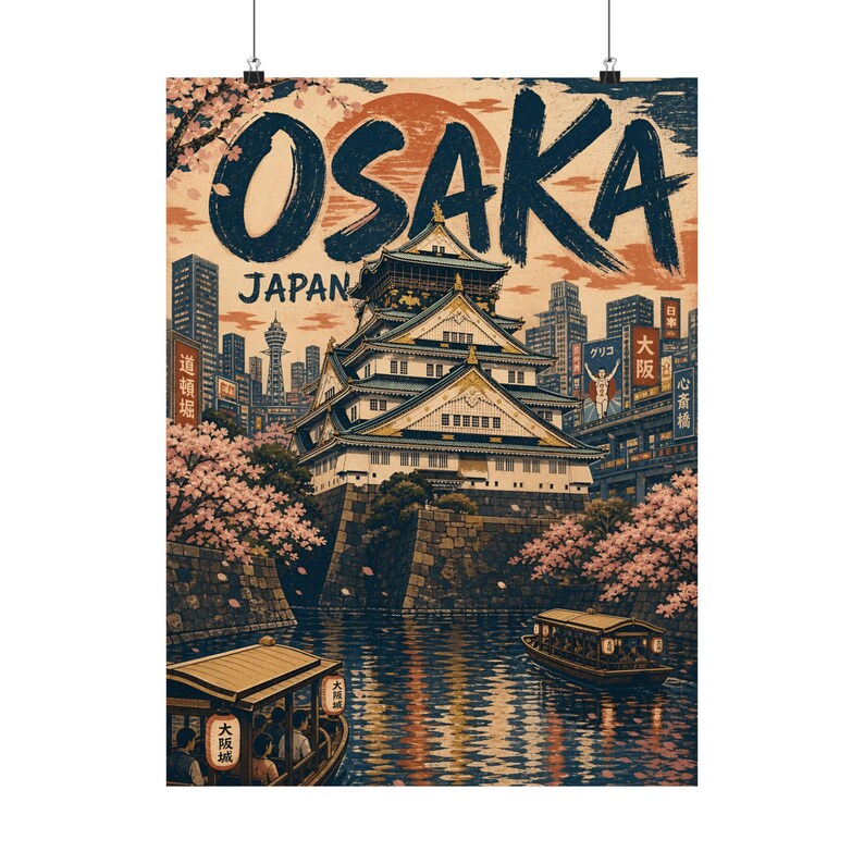 Poster van het kasteel van Osaka, Japanse reiskunst, vintage stadsmuurdecoratie afbeelding 4