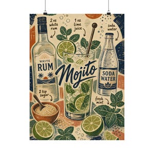Affiche de recette de mojito, art mural scandinave en linogravure sur cocktail image 11