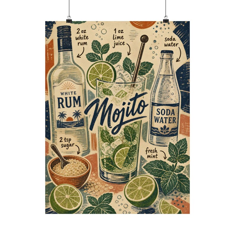 Affiche de recette de mojito, art mural scandinave en linogravure sur cocktail image 11