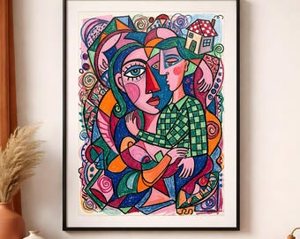 Pôster colorido abstrato de casal enrolado | Arte de parede cubista para amantes