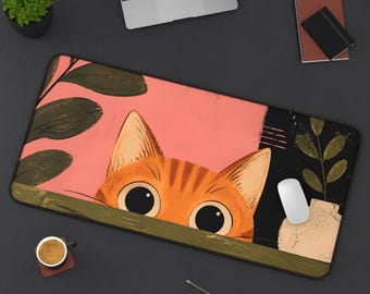Tapete de mesa com estampa de gato laranja, almofada de escritório com felino espiando, tapete de rato de neoprene