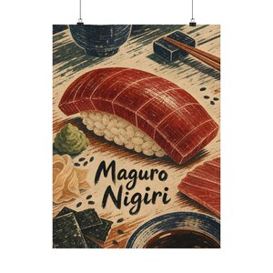 Tuna Nigiri Poster, Japanese Food Art, Scandinavian Linocut Kitchen Decor image 3