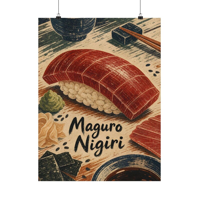 Tuna Nigiri Poster, Japanese Food Art, Scandinavian Linocut Kitchen Decor image 3