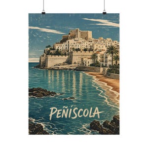 Peñíscola Travel Poster, Spanish Coastal Wall Art, Mediterranean Linocut Decor image 2