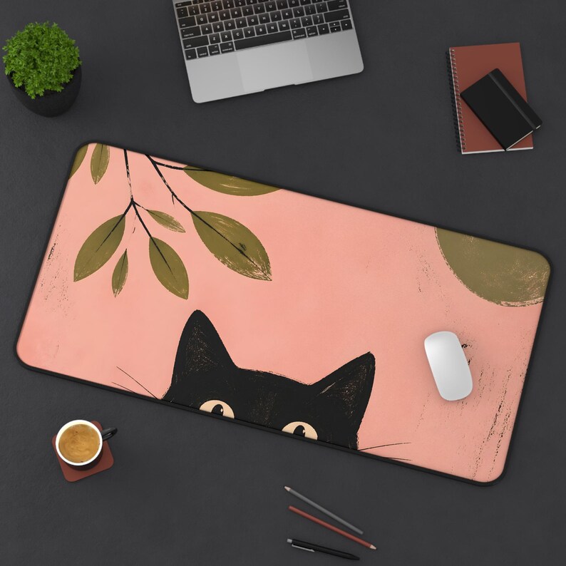 Tappetino da scrivania con gatto nero che sbircia / Tappetino per mouse con motivo botanico rosa immagine 7