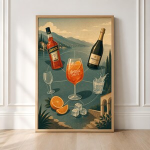 Może przedstawiać: Oprawiony plakat z ilustracją butelki Aperolu, butelki Prosecco oraz centralnie umieszczonego kieliszka Aperol Spritz z plasterkiem pomarańczy. Obraz zawiera r&oacute;wnież pusty kieliszek do wina, szklankę wody gazowanej, pomarańcze i kostki lodu.