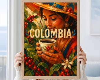 Colombia Coffee Art Print, Woman With Coffee Poster, Kitchen Wall Decor