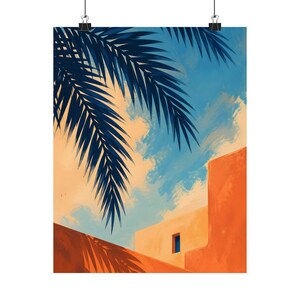 Palm Tree Poster, Mediterranean Coastal Wall Art, Orange Blue Architecture Print image 2