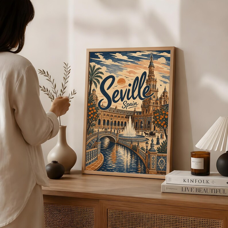 Sevilla reseposter, vintage Spanien väggkonst, andalusisk torgdekor bild 5