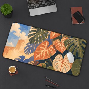Alfombrilla de escritorio con hojas de monstera tropical / Alfombrilla de ratón con ilustración botánica de plantas imagen 6