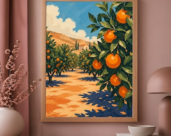 Orange Grove Poster, Mediterranean Landscape Wall Art, Italian Countryside Decor