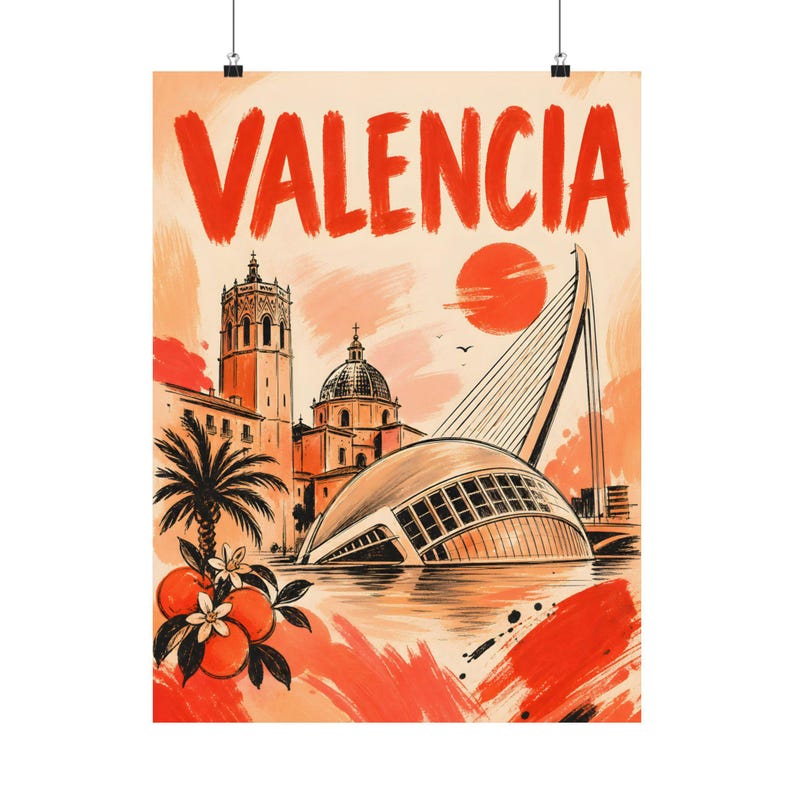 Valencia Travel Art, Spain Cityscape Poster, Orange Grove Vintage Print image 2
