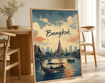 Bangkok Travel Poster, Vintage Thailand Wall Art, Wat Arun River Decor