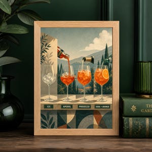 K&ouml;nnte beinhalten: Ein gerahmter Kunstdruck, der die Zubereitung eines Aperol Spritz in vier Schritten darstellt. Die Illustration zeigt Weingl&auml;ser auf einem Sims mit den Beschriftungen ICE, APEROL, PROSECCO und SODA + ORANGE vor einer italienischen Landschaft.