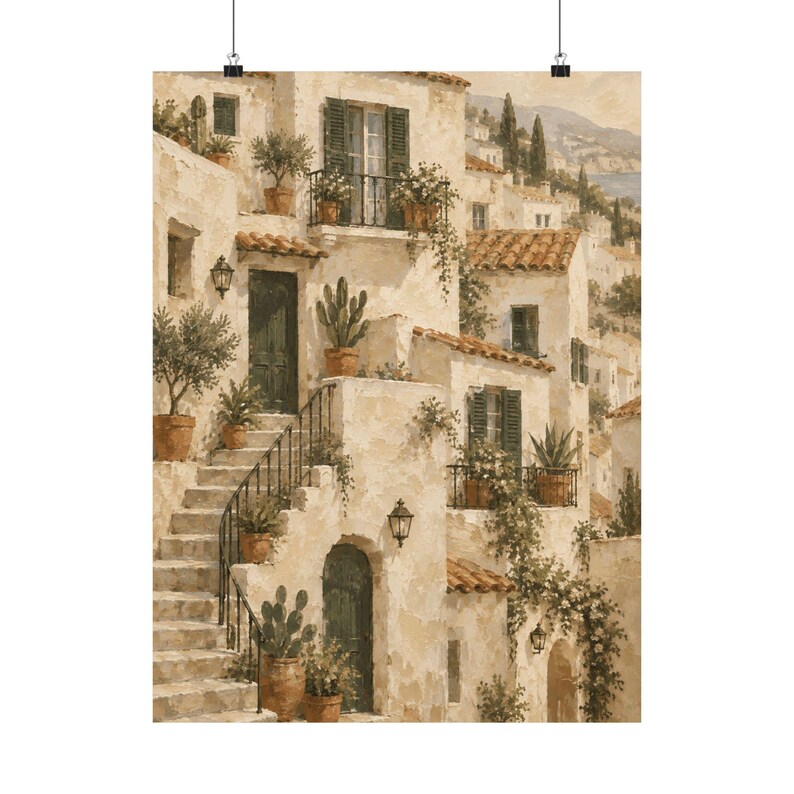 Mediterranean Village Poster, Italian Coastal Wall Art, Rustic Watercolor Decor image 2