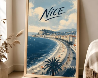 Nice France Poster, French Riviera Travel Art, Mediterranean Coastal Decor