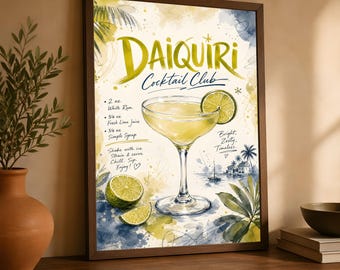 Daiquiri Cocktail Recipe Print, Tropical Bar Cart Wall Art, Kitchen Decor
