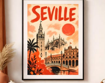 Poster di viaggio di Siviglia Spagna / Plaza de España, decorazione da parete della Torre Giralda (stampa opaca senza cornice)
