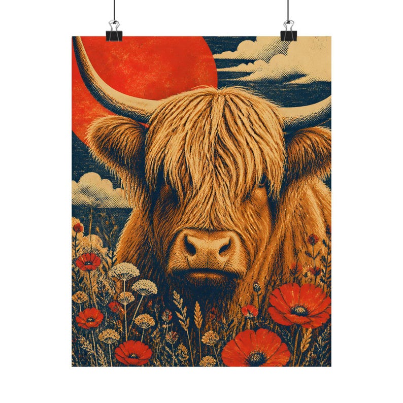 Highland Cow Wall Art, Farmhouse Animal Decor, Red Sun Poppy Field Print image 2
