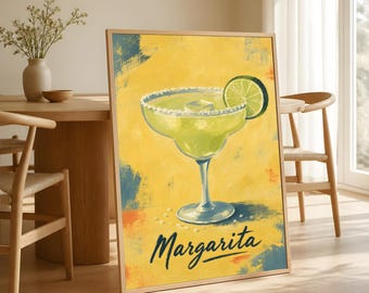 Margarita Wall Art, Retro Cocktail Poster, Yellow Kitchen Decor