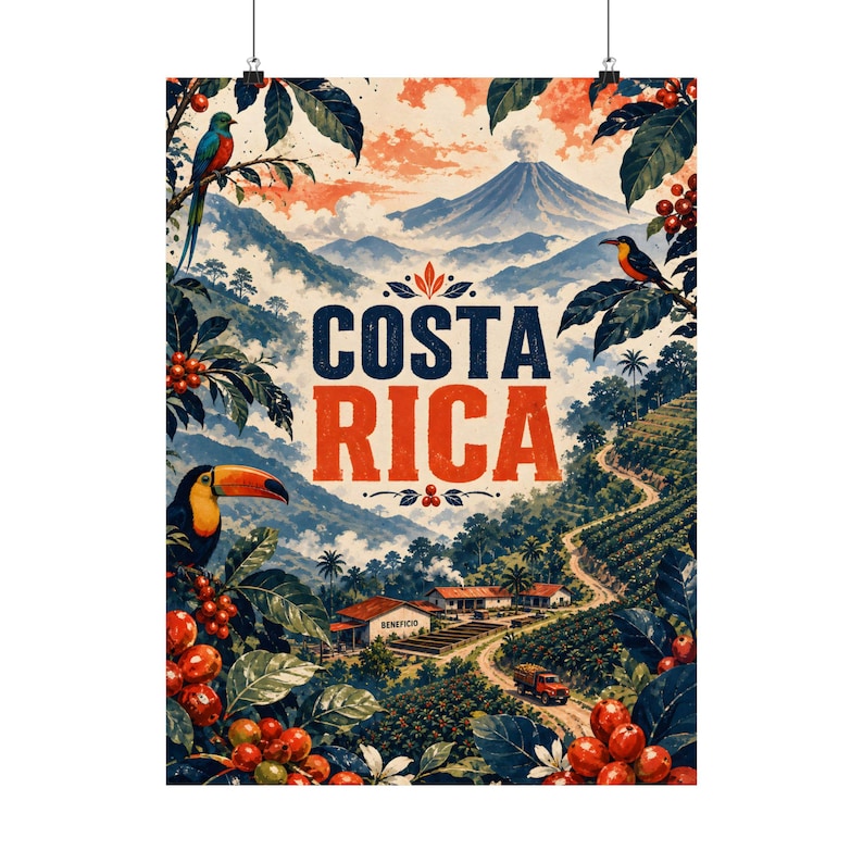 Costa Rica Travel Art Print, Vintage Coffee Farm Poster, Toucan Bird Wall Art image 2