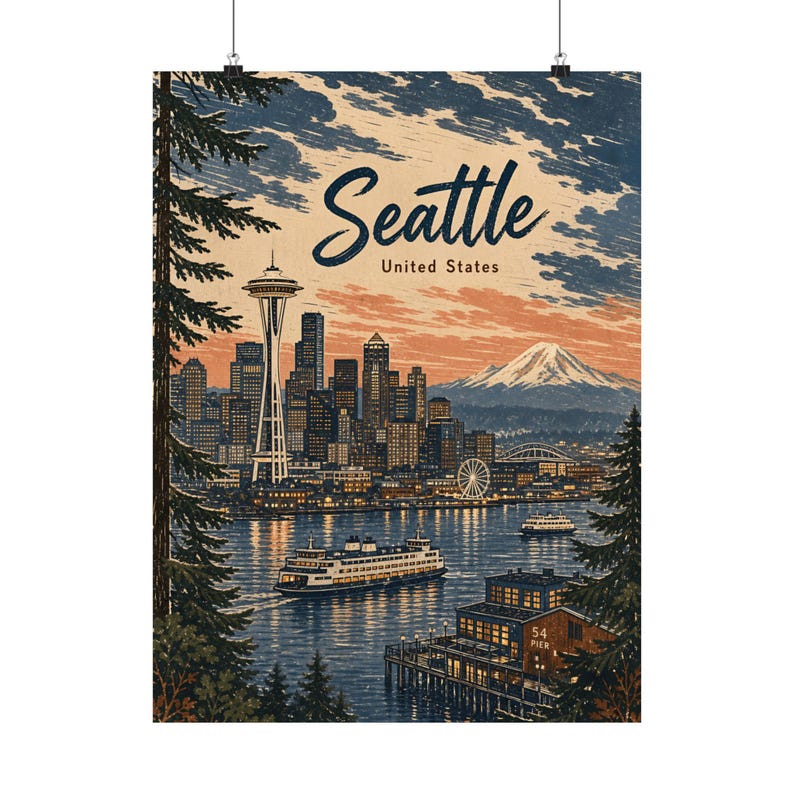 Affiche mate de Seattle, art de voyage vintage du Nord-Ouest Pacifique, décoration de la skyline de la Space Needle image 2