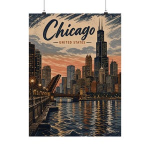 Poster con lo skyline di Chicago, quadro vintage da parete a tema viaggi, paesaggio urbano del Lago Michigan. immagine 2