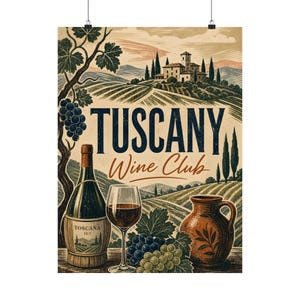 Póster del Club de Vinos de la Toscana, Arte mural de viñedos italianos, Lámina de viaje vintage imagen 2
