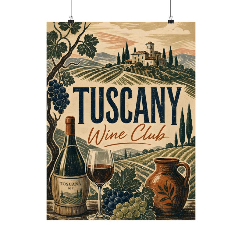 Póster del Club de Vinos de la Toscana, Arte mural de viñedos italianos, Lámina de viaje vintage imagen 2