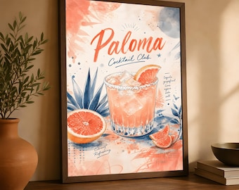 Paloma Cocktail Print, Retro Bar Cart Wall Art, Mid Century Kitchen Decor