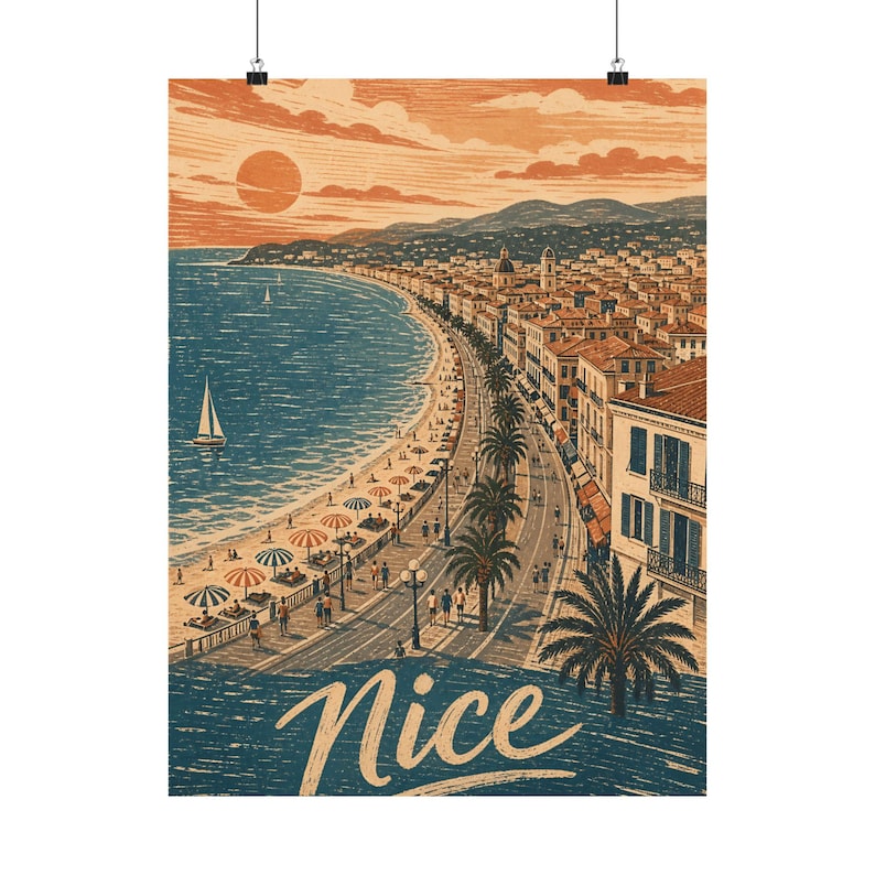 Nice France Poster, French Riviera Travel Art, Vintage Linocut Coastal Decor image 2