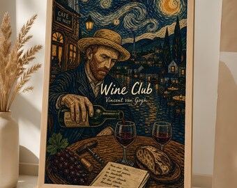 Van Gogh Wine Club Poster, Starry Night Café Wall Art