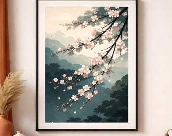 Póster de acuarela de flores de cerezo, arte mural floral japonés Sakura, decoración zen Japandi