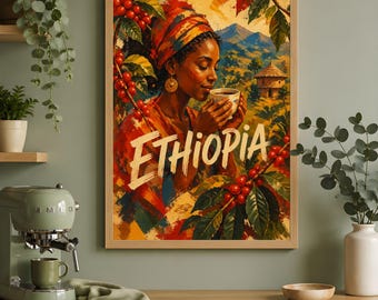 Ethiopian Coffee Art Print, Traditional African Wall Decor, Vintage Kitchen Poster