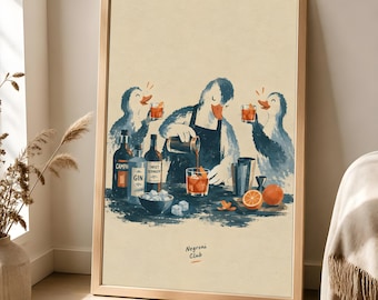 Negroni Duck Poster, Vintage Cocktail Bar Art, Retro Kitchen Decor