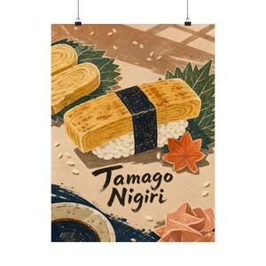 Tamago Nigiri Poster, Japanese Food Art, Scandinavian Linocut Kitchen Decor image 3