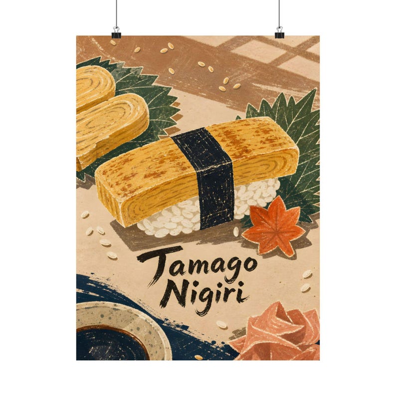 Tamago Nigiri Poster, Japanese Food Art, Scandinavian Linocut Kitchen Decor image 3