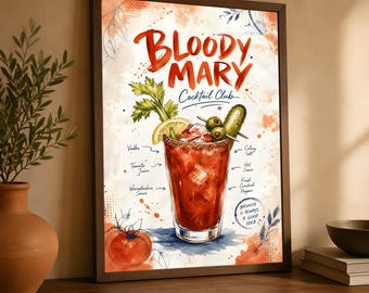 Bloody Mary Cocktail Art, Kitchen Wall Decor, Brunch Drink Recipe Print