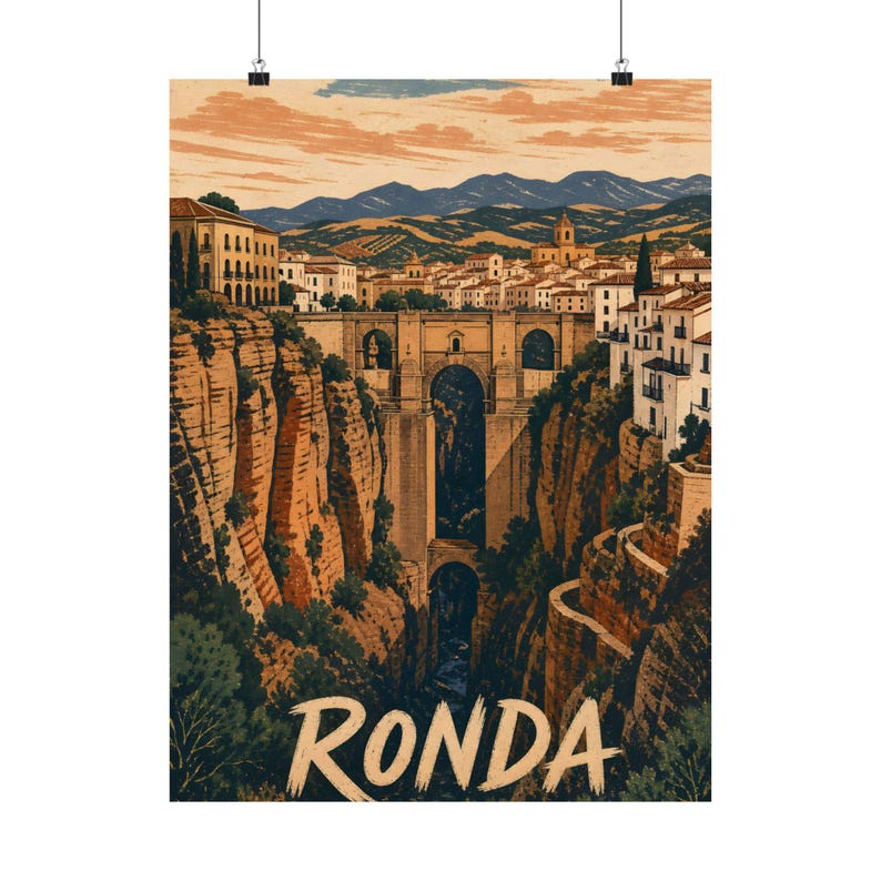Ronda Matte Poster, Spanish Travel Art, Linocut Andalusia Decor image 2
