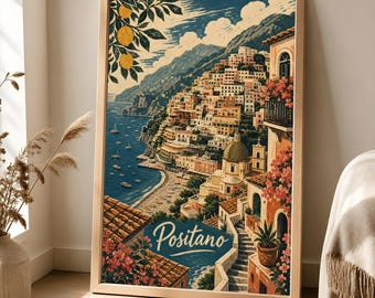 Positano Matte Poster, Amalfi Coast Travel Art, Vintage Linocut Decor