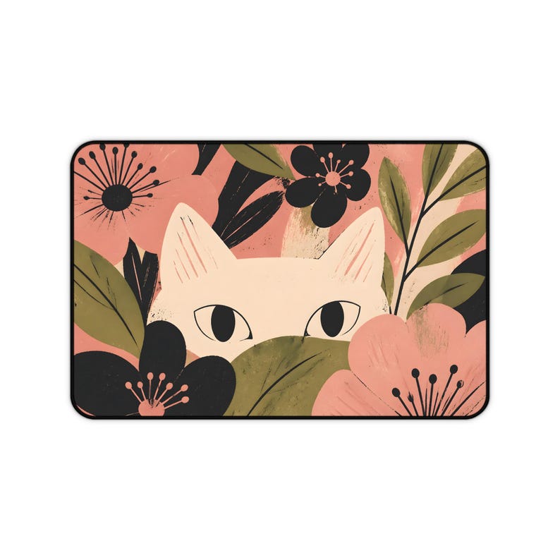 Alfombrilla de escritorio floral con diseño de gato espiando / Alfombrilla de ratón botánica rosa imagen 8
