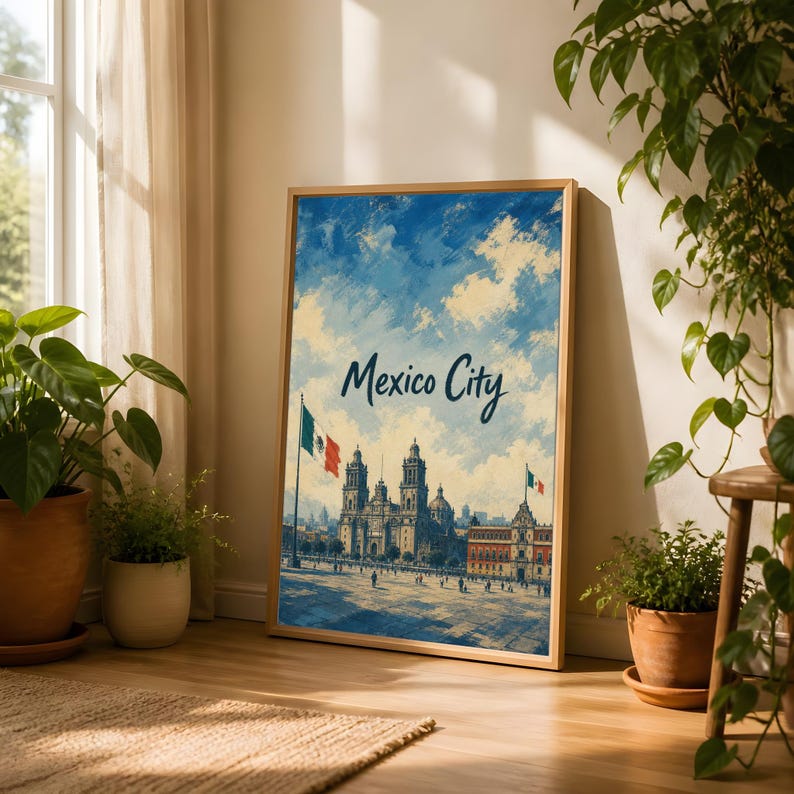 Reseaffisch i Mexico City, vintage väggkonst för Zócalo-katedralen bild 4