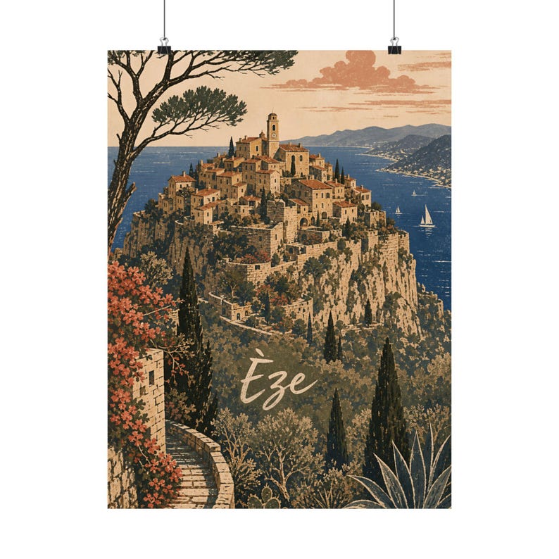 Èze Matte Poster, French Riviera Travel Art, Mediterranean Linocut Decor image 2