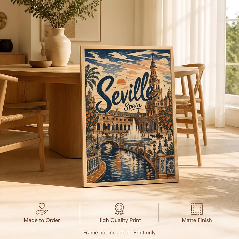 Sevilla reseposter, vintage Spanien väggkonst, andalusisk torgdekor bild 2