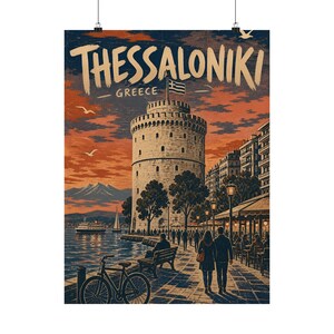 Thessaloniki Matte Poster, White Tower Greece Travel Art image 3