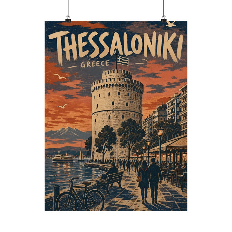 Thessaloniki Matte Poster, White Tower Greece Travel Art image 3