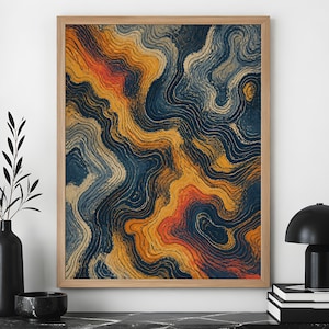 May include: A rectangular wall art print in a light wood frame featuring an abstract design of flowing, wavy lines in shades of deep navy blue, golden yellow, and burnt orange, creating a topographic map effect across the entire surface.