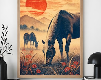 Quadro decorativo com cavalos pastando, decoração rústica de fazenda, arte de paisagem do Oeste americano.